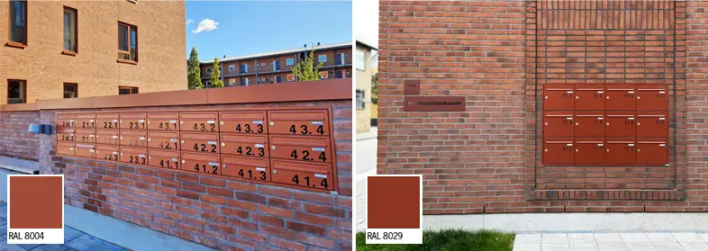 Skræddersyede postkasseanlæg med røde detaljer i Herning og Ikast